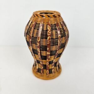 Bamboo Miniature Vase Woven Wicker Rattan Basket Vtg Label Hand‎ Crafted Chinese